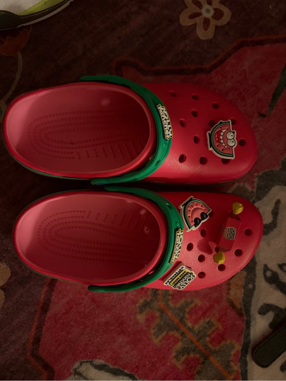 CROCS Kids Bright Pink Clogs with Green Strap and Candy Charms - Picture 3 of 3